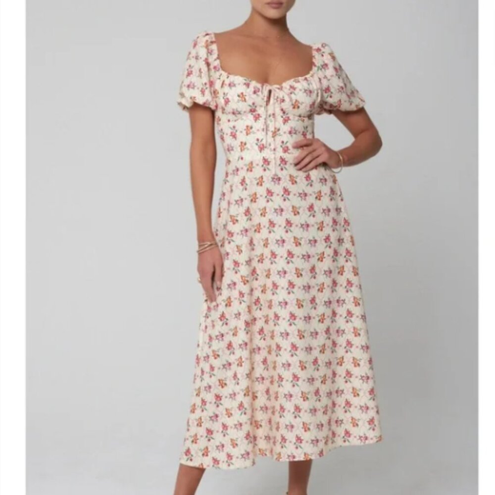 RESA Bambi Cream Midi Dress with Pink Floral Print